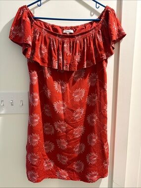 Madewell Red Off-Shoulder Floral Ruffle Tunic Dress